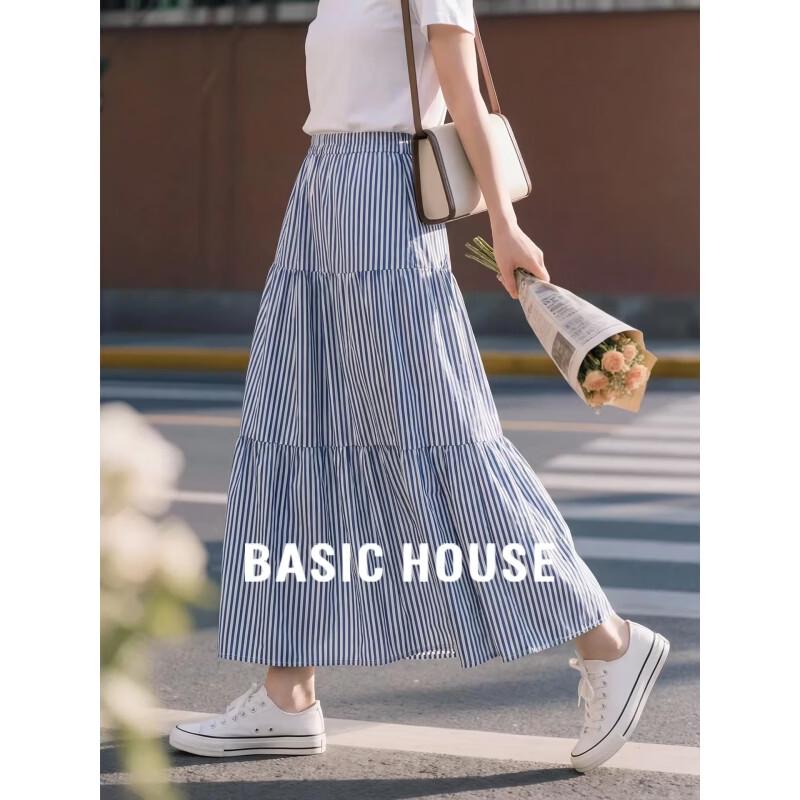 Basic House Women s Striped Tiered A-line Midi Skirt One Size
