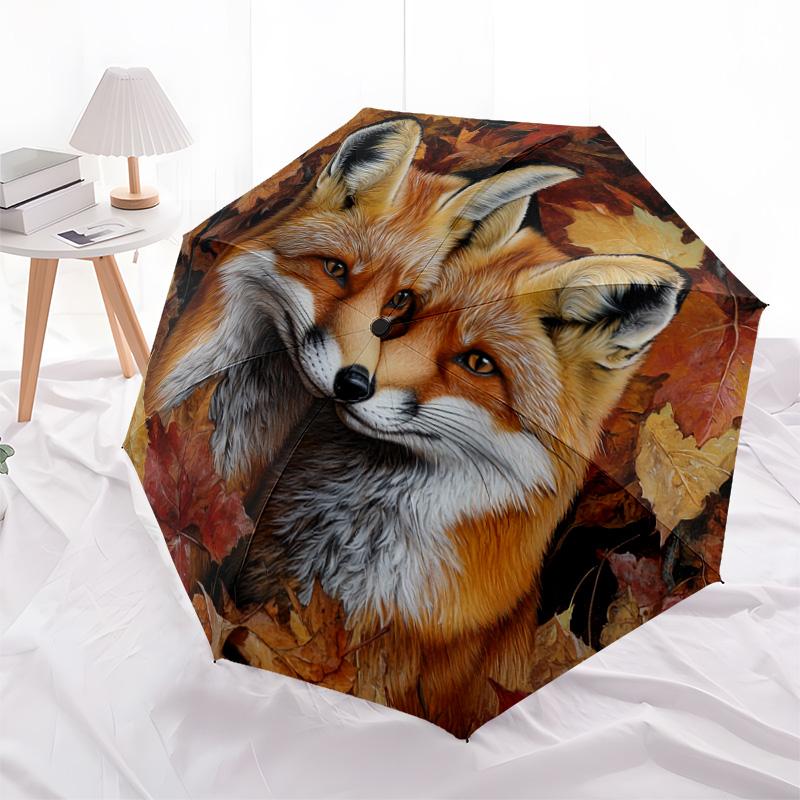 1 Stück Automatischer Faltregenschirm - Herbstfuchs-Muster, Tragbares & Faltbares Design mit 8 Speichen, Weihnachts-Geburtstagsgeschenke