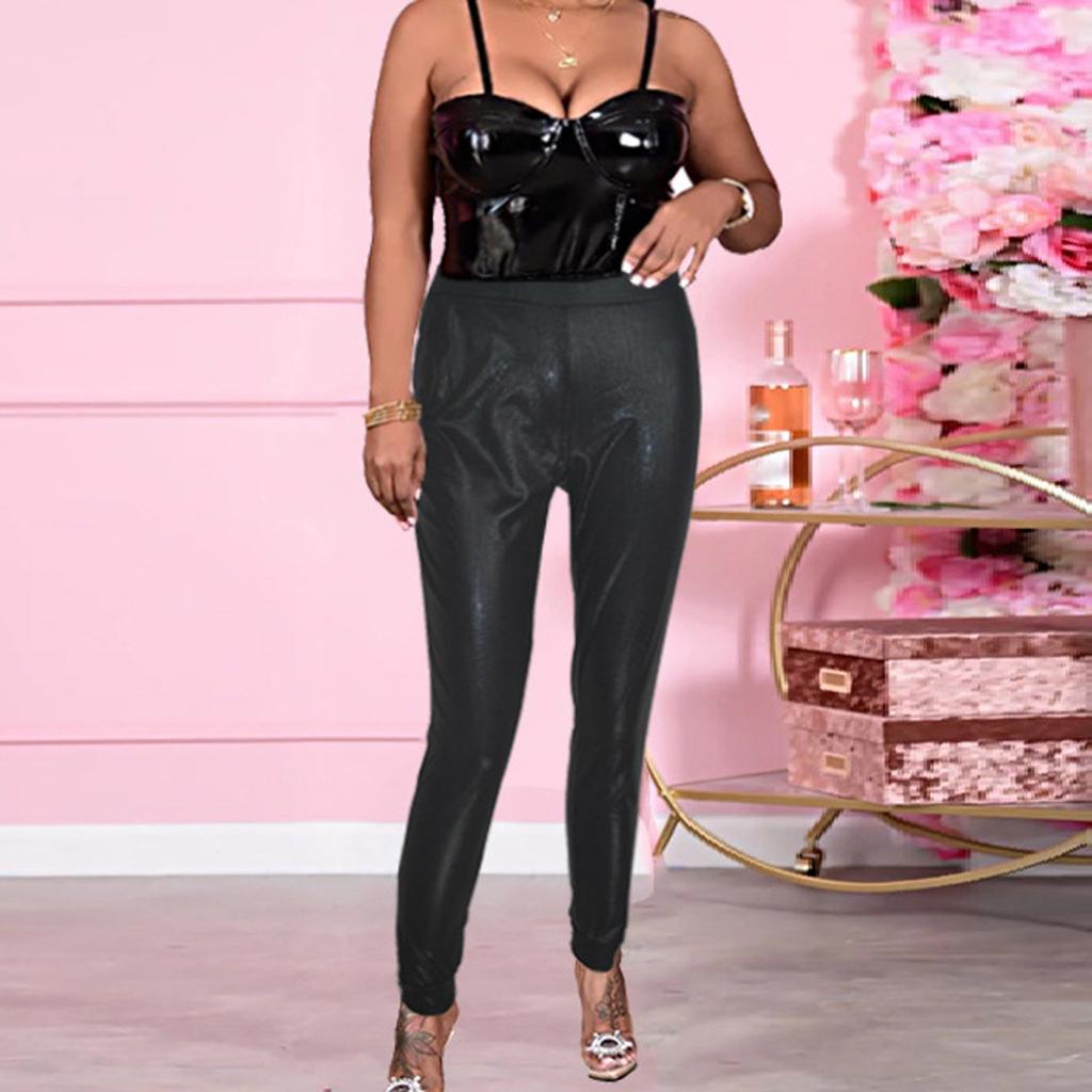 Women's High Waist Coated Casual Sequined Leggings Pleated Leggings Straight Leg Pants