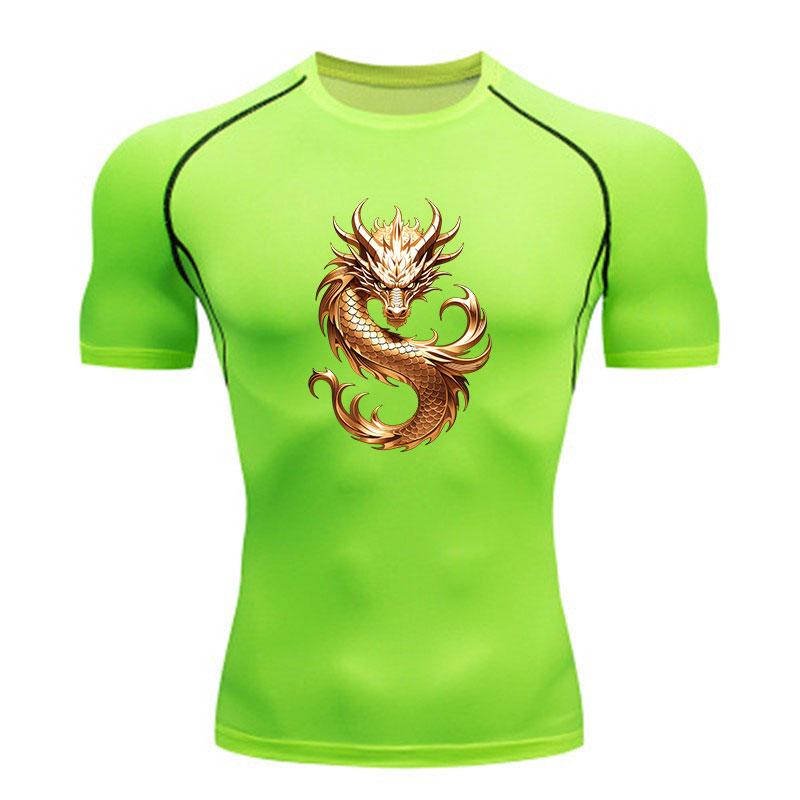 Men's Gold Chinese Dragon Print Compression Workout T-shirt