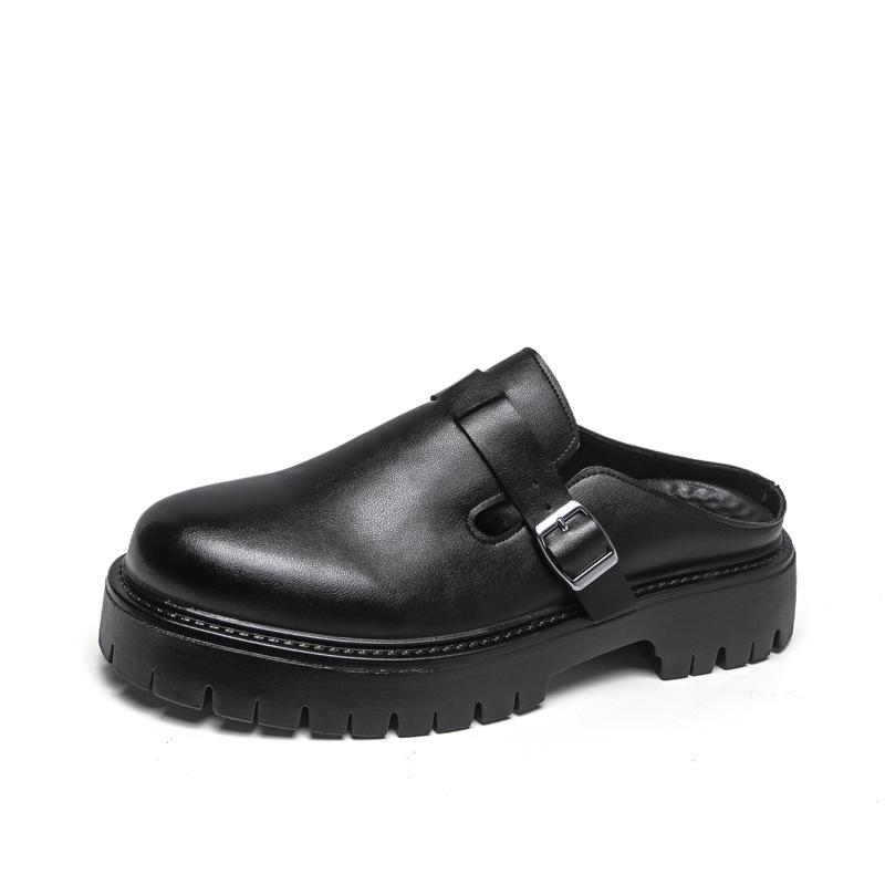 Men s Summer Backless Leather Platform Slippers - Casual, Closed Toe, Thick Sole, Large Size Size 42 чёрный
