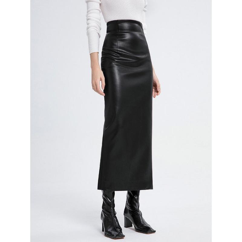 Women's Black High Waist Faux Leather Bodycon Midi Pencil Skirt with Back Vent