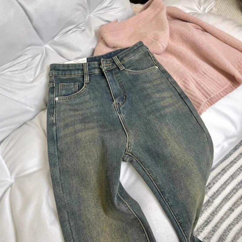 Fleece Thickened Retro Blue Straight Jeans for Women's Autumn and Winter, New Loose Wide-leg Slim Horseshoe Pants
