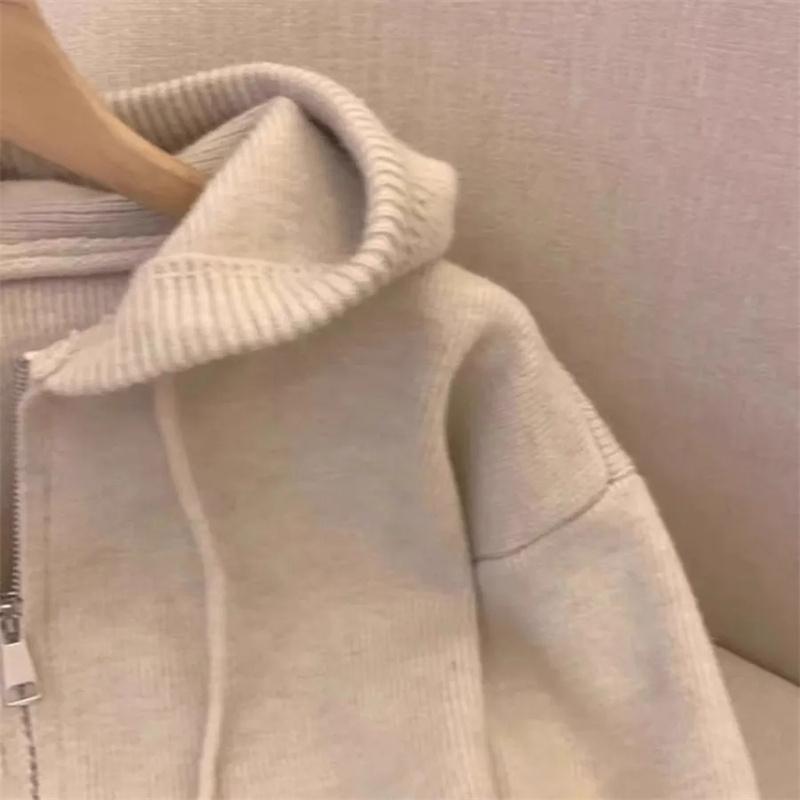 Spring Autumn Women Hooded Sweater Cardigan Tops Female Loose Zipper Knitwear Coat Lady Long Sleeved Outwear