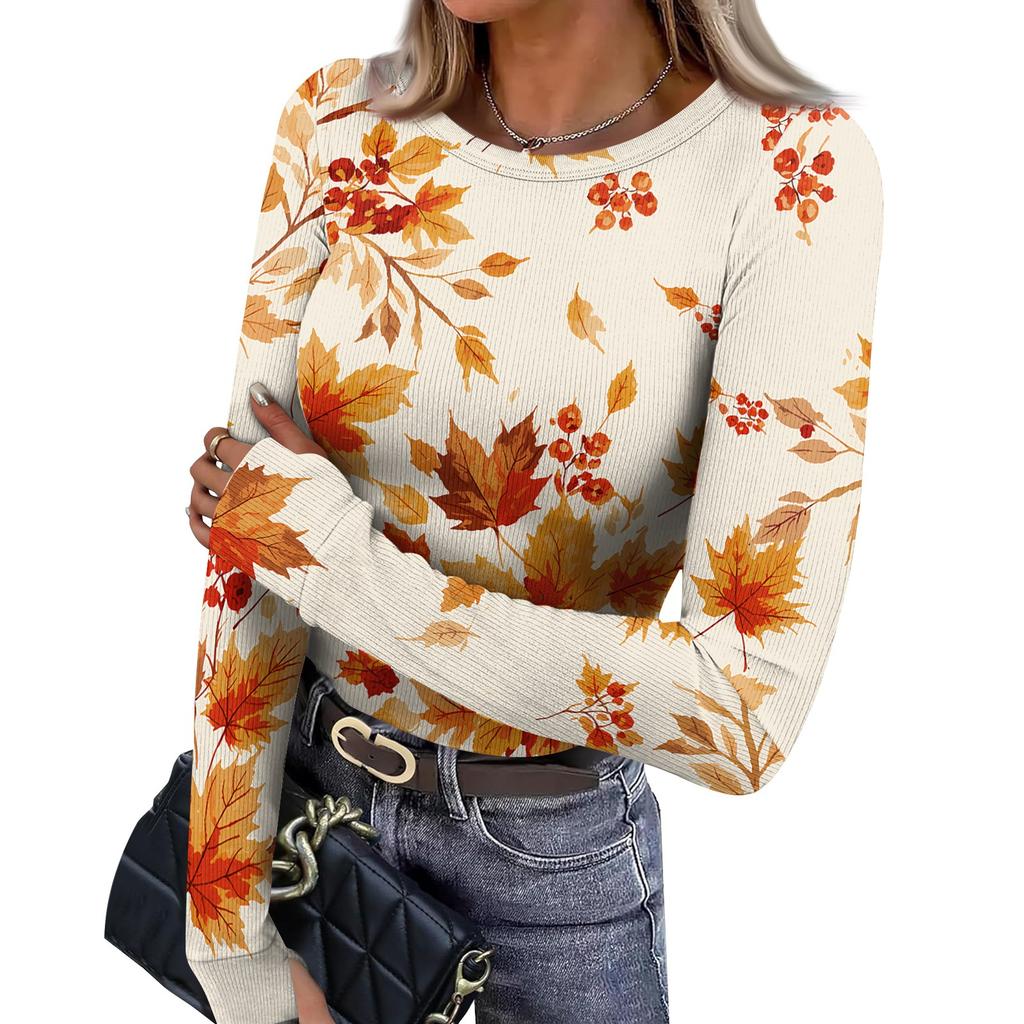 Women's Fitted Long Sleeve T-Shirt with Maple Leaf Print, Neck and Cuffs for Everyday Wear