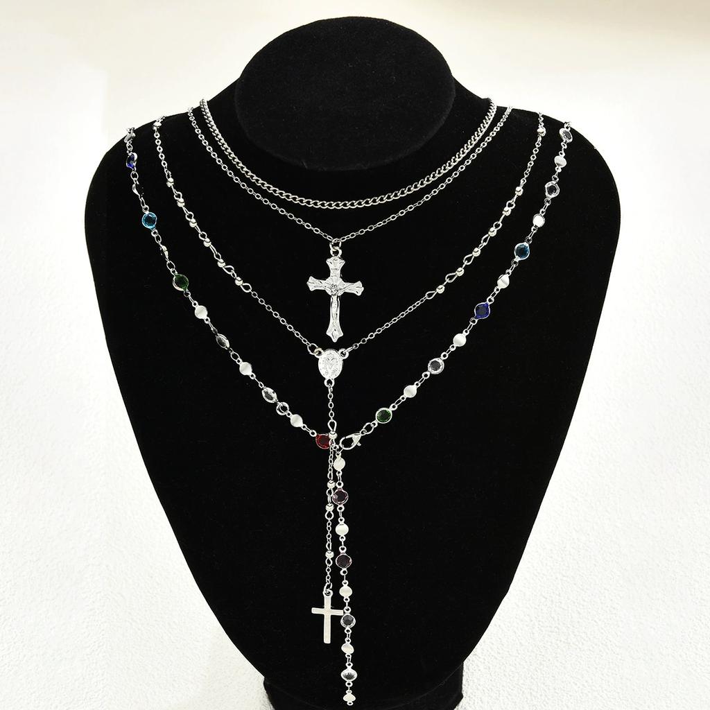 4Pcs Trendy Cross Pendant Necklace For Women Colorful Crystal Chain Rosary Y Necklace Female Fashion Jewelry Gift