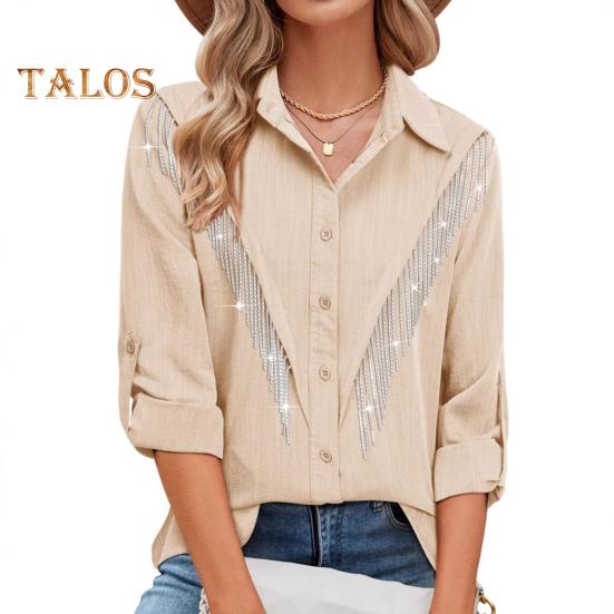 Women Shirt Lapel Long Sleeve Buttons Placket Shirt with Rhinestones Tassel Solid Color Loose Fit Casual Shirt