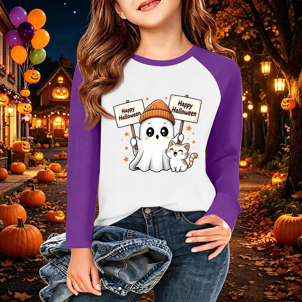 Kids' Halloween Printed Long Sleeve Neck T-Shirt for Casual Wear