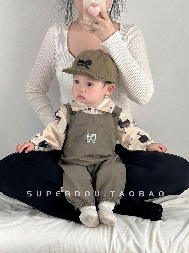 Boys' Autumn 2025 Korean Style Cartoon Shirt & Overalls Set - Fashionable Spring Outfit for Babies