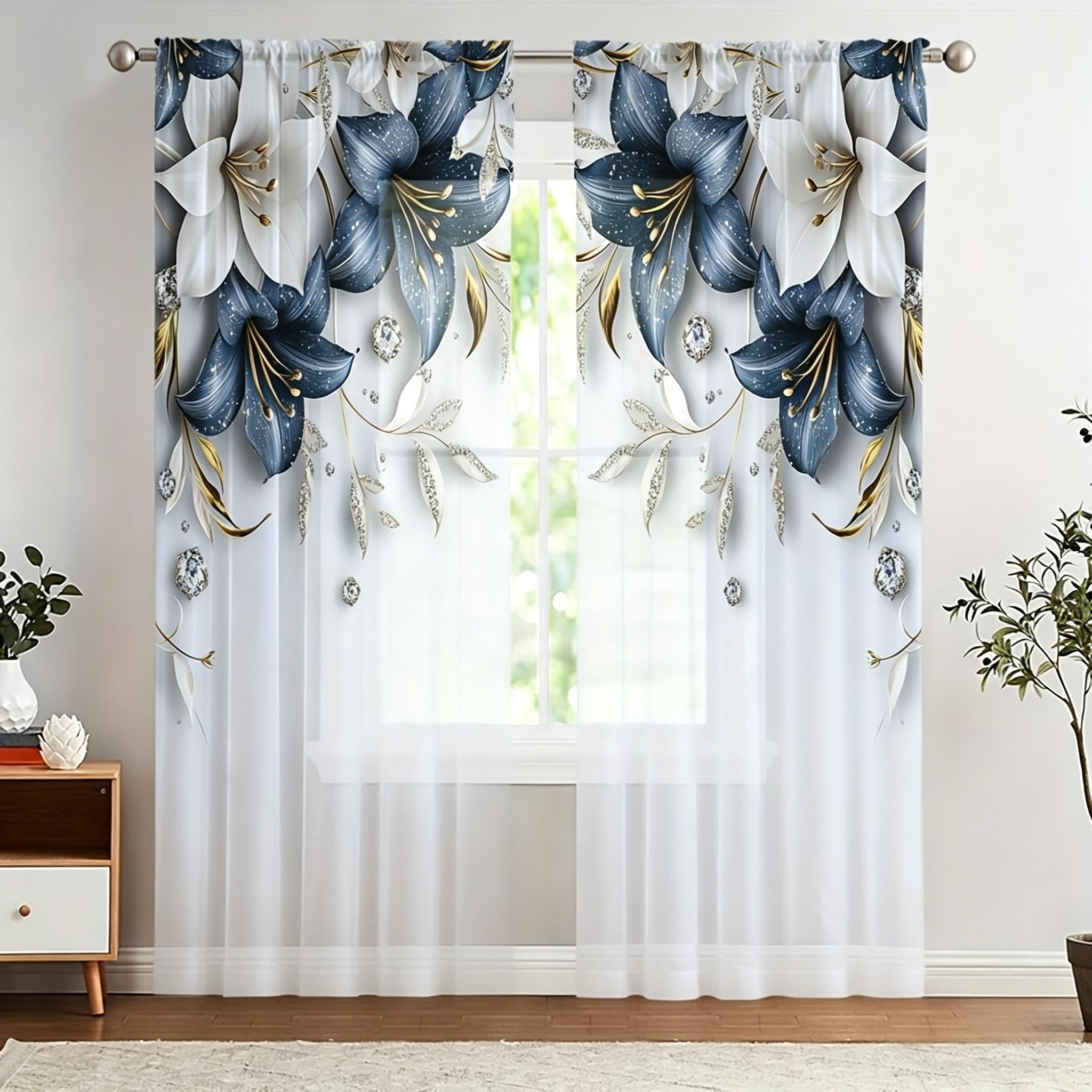 2-Piece Set of Elegant Black and White Floral Print Curtains - Modern Minimalist Diamond Design, Polyester Curtains 60×150cm(23.6×59in)