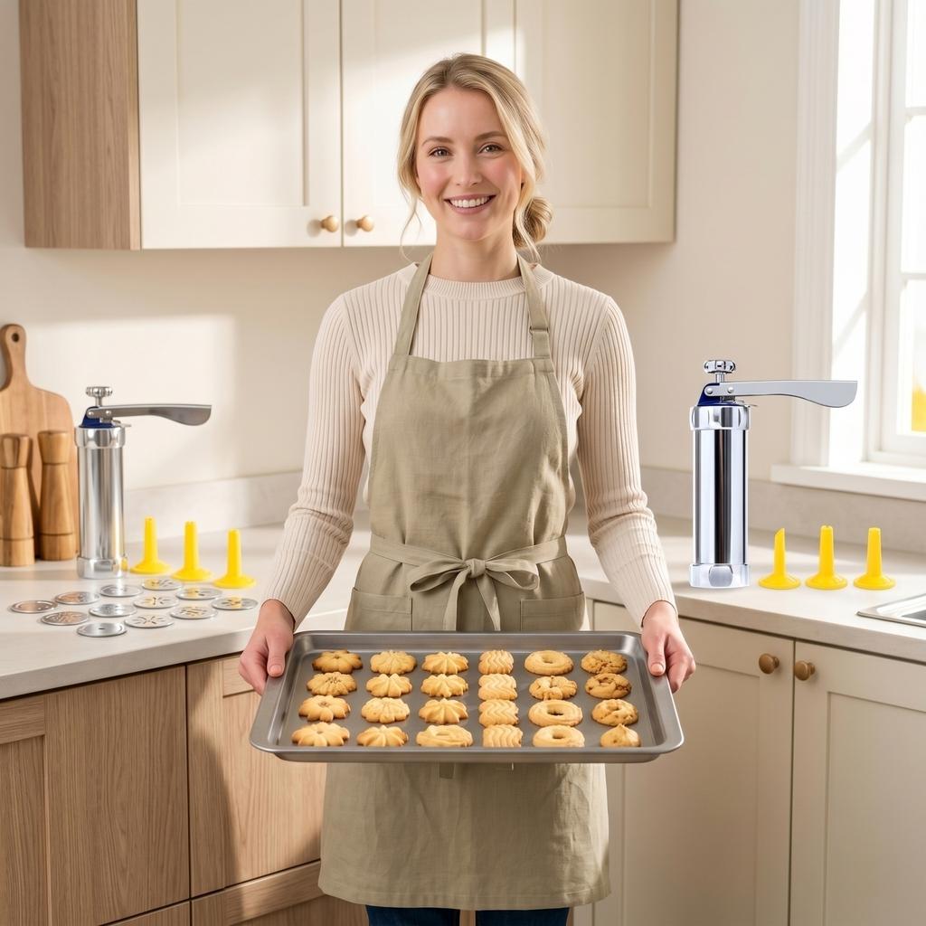 Cookie Press Set with 20 Stainless Steel Disc Shapes and 4 Icing Nozzles for Baking and Decorating Biscuits Cakes Pastries