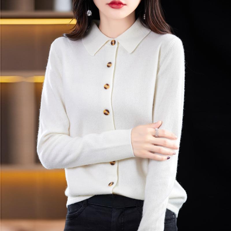 Women's POLO Neck Sweaters Fashion Cardigans Casual Solid Color Print Autumn Winter Long Sleeve