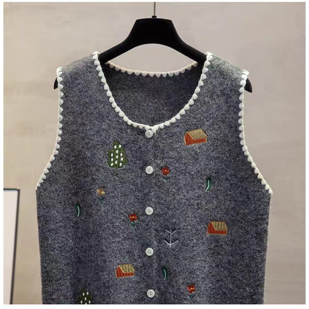 2026 Autumn New Women Sweater Knitting Fashion Tops Cardigan Lady Sleeveless Embroidery Floral Vest Tank Shirt Loose Casual