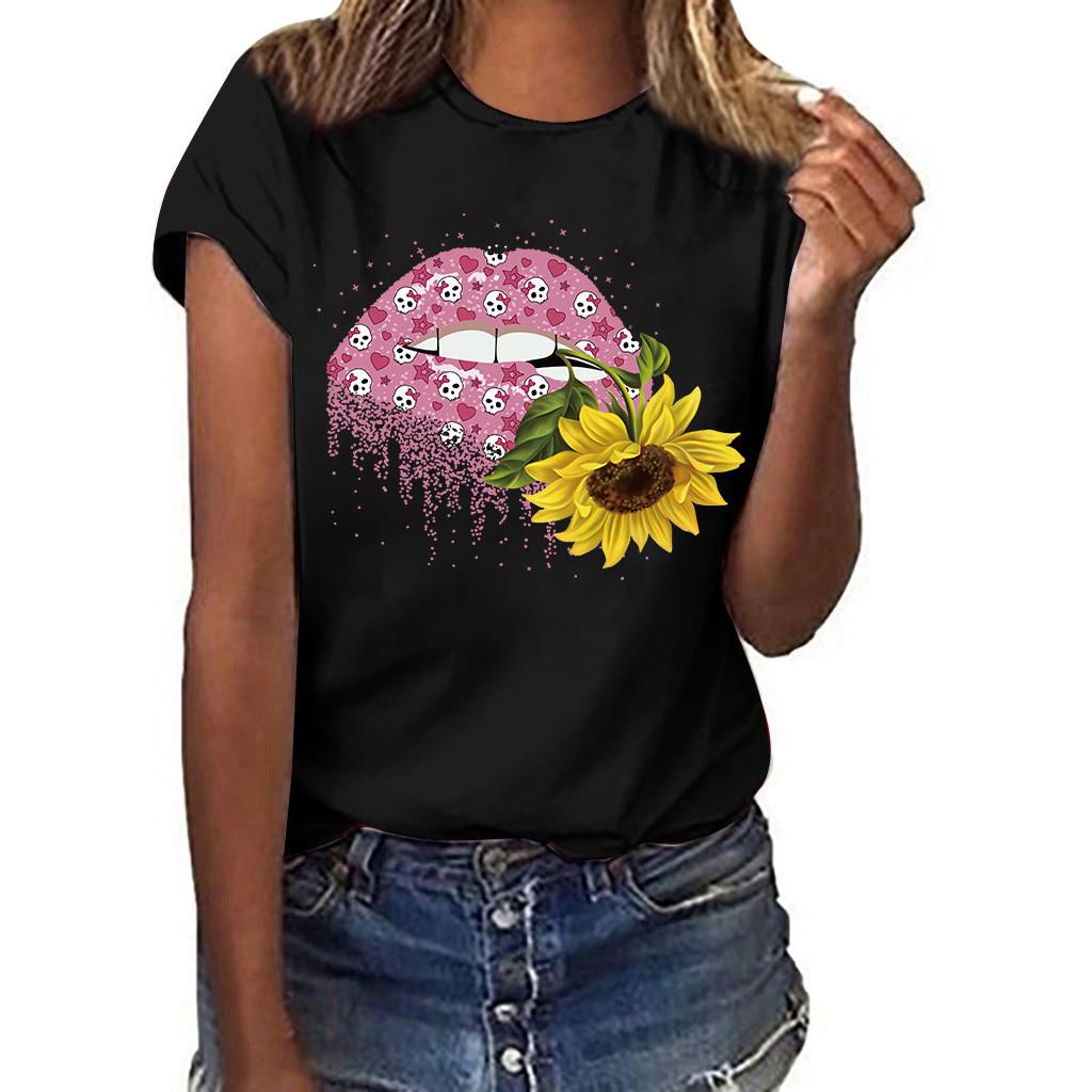 

женщины плюс размер печати короткие рукава футболка Блузка Топы 4XL чёрный