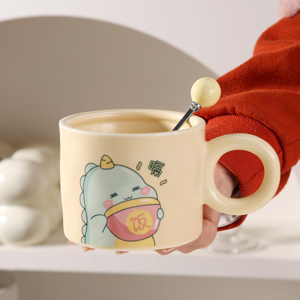 Light Luxury Ins Style Dinosaur Ceramic Cup Cute Mug with Lid Spoon Household High Value Coffee Cup Souvenir