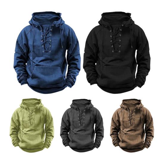 Fall Winter Men Hoodie Lace-up Strap Loose Elastic Cuff Retro Warm Pullover Mid Length Hip Hop Patch Pocket Solid Color Hoodie Top