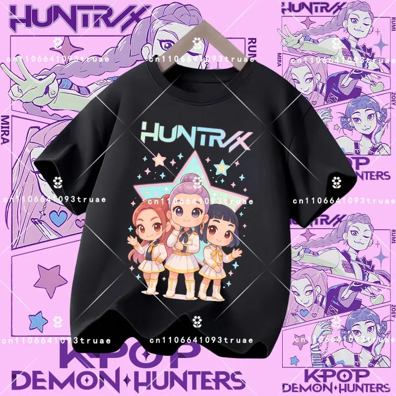 Polyester short-sleeved K-pop Demon Hunter girl cute sports shirt for children aged 1-12. Summer T-shirt. Casual top. Cartoon print