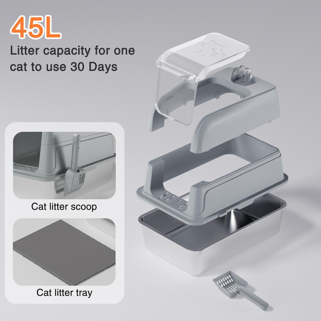 KEMORELA Enclosed Stainless Steel Cat Litter Box with Lid and Scoop, High-Sided Metal Kitty Leak-Proof Tray for Small Big Cats