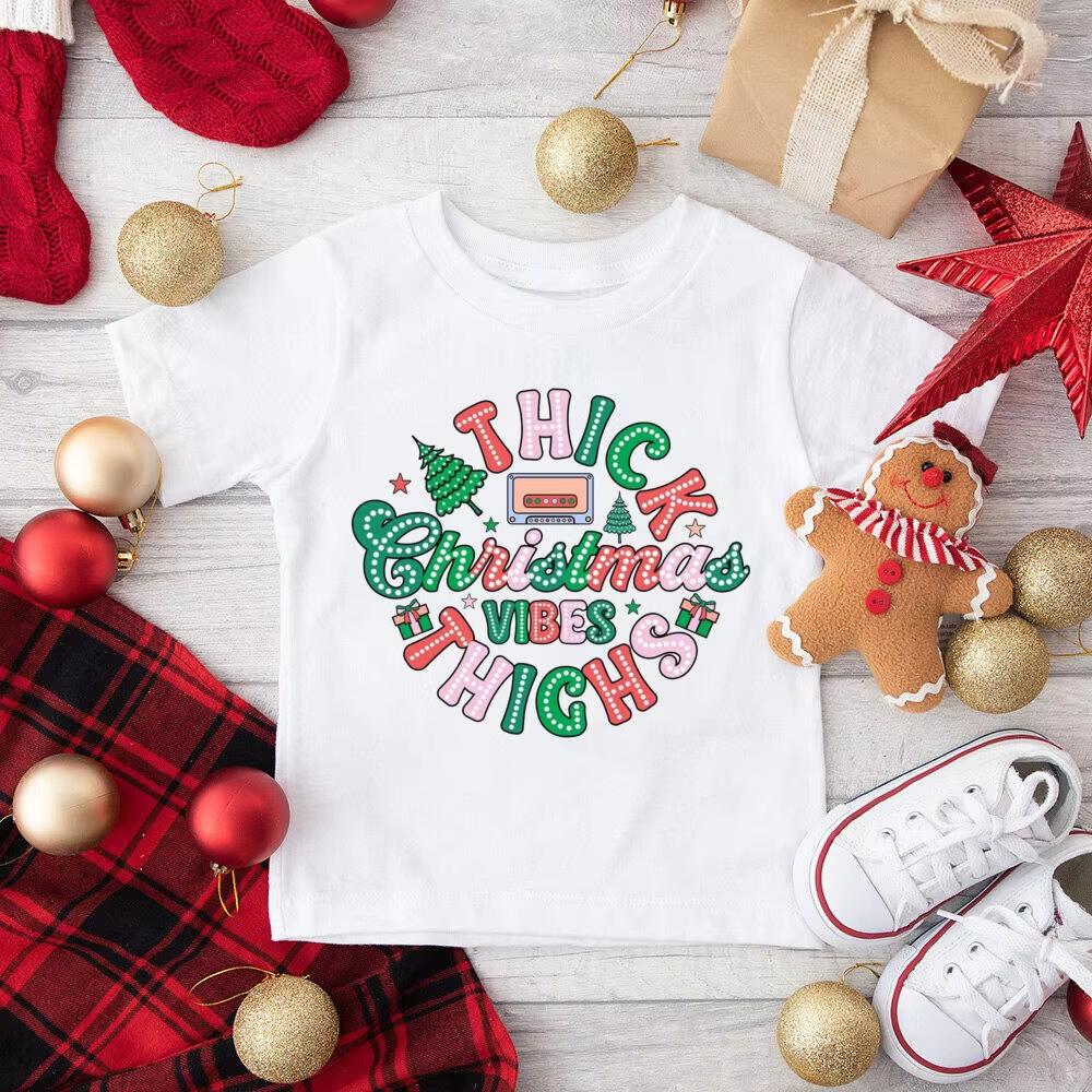 

Childrens Christmas Theme Tshirt Casual Versatile Circular Letter Print Top for Boys And Girls S