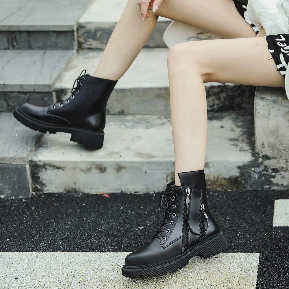Fashion Punk Style Fur Black Booties Combat Leather Autumn Winter Ankle Boots for Women Hot Pu Footwear Boot Goth Sale Woman Short Shoes