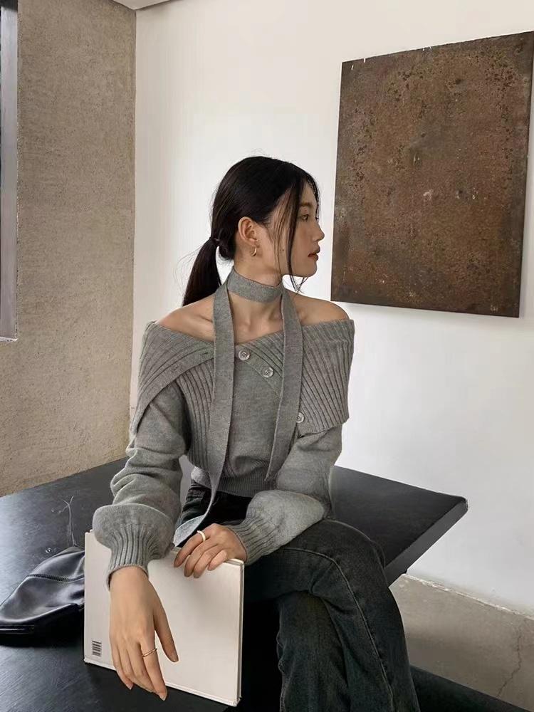 Off Shoulder Sexy Knitted Sweater Women French Lapels Elegant Warm Sweater Tops Autumn Winter Fashion Loose Patchwork Pullover New