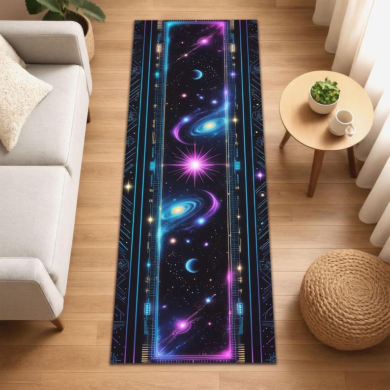 Galaxy Neon Runner Rug Celestial Space Rug Sci-Fi Hallway Outer Space Gamer Room Astral Universe Carpet Cosmic Tech Rug Decor