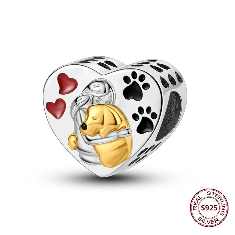 Copper Original Dog Cat Safety Chain Lazy Cat Pink Zircon Pet Paw Print Footprint Charms Fit Bracelet For Women Diy Jewelry