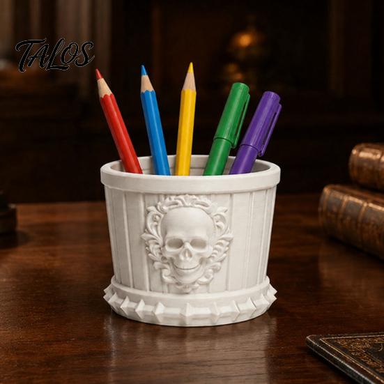 Dark Retro Desktop Decor Gothic Skull Pen Holder, 3D Printed PLA Stationery Organizer, Organizer Halloween Theme Container for Makeup Brushes