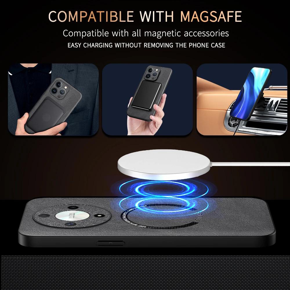 For Honor X9B Fine Hole PU Cow Pattern Leather Outer Magnetic Ring Soft Edge Anti-Drop Anti-Fingerprint Phone Case