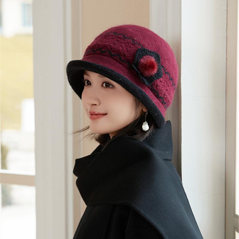 Rabbit wool knitted bucket hat temperament fleece basin hat middle elderly mother elegant warm wool hat