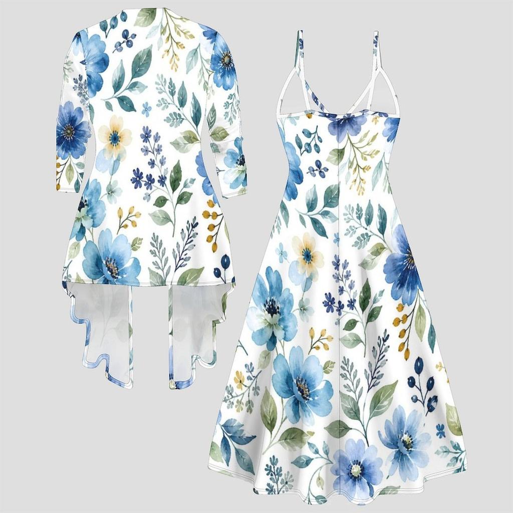 Women Plus Size Two Piece Outfit Long Sleeve Open Front Jacket Cami Maxi Dress