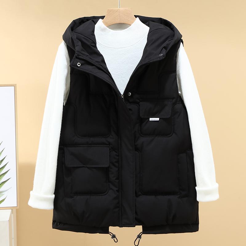 Women Hooded Puffer Vest Sleeveless Down Waistcoat Multi Pocket Quilted Gilet Autumn Winter Warm Loose Sleeveless Jacket Casual
