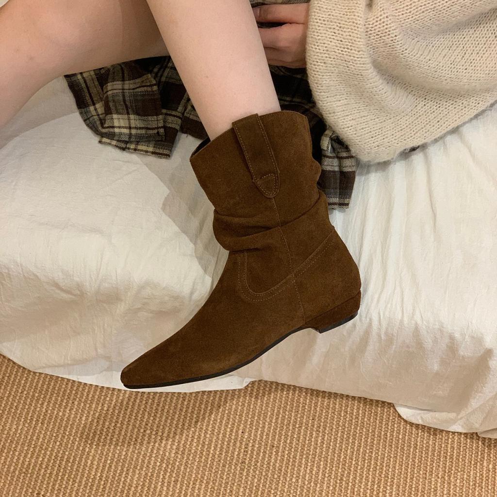 French suede pleated heel medium boots women's 2025 autumn and winter wear retro western medium tube Martin boots