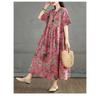 Retro Cotton and Linen Round Neck Short Sleeved Dress for Women, Loose A-line Skirt