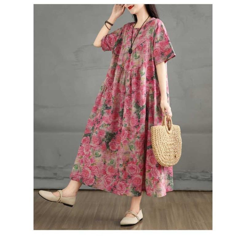 Retro Cotton and Linen Round Neck Short Sleeved Dress for Women, Loose A-line Skirt