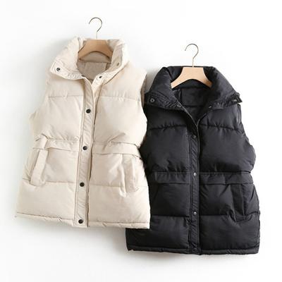 Women Winter Coat with Pockets Press Button Closure Padded Stand Collar Sleeveless
