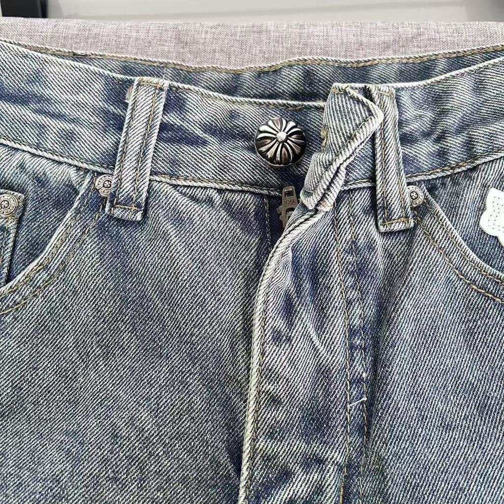 9912 CHROME HEARTS Men's and Women's American Style Trendy Jeans with Fabric Patches, Holes, Embroidery, Casual and Fashionable High Street Pants