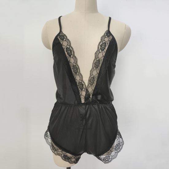 Women Sexy Pajamas V-neck Sling Sleeveless Bodysuit Faux Satin Lace Stitching Romper Sleepwear Wide Leg Backless Nightwear
