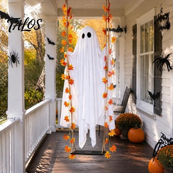 Creepy Hanging Figurines Light Up Swinging Ghost Halloween Decoration with Remote Control, Large White Spooky Outdoor Yard Decor Ornament Maple Leaves