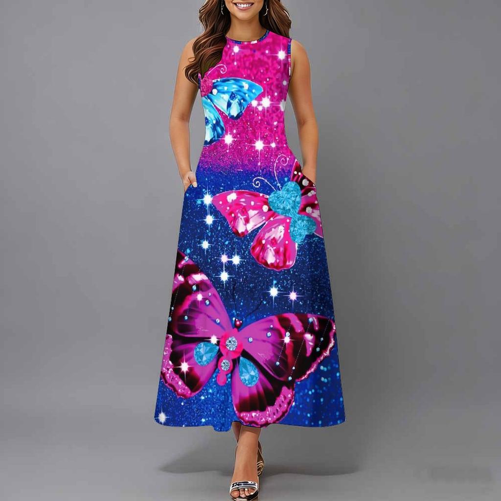 Women Plus Size Sleeveless Crew Neck Dress Soft Watercolor Floral Branches Flowy Mid Calf Gown