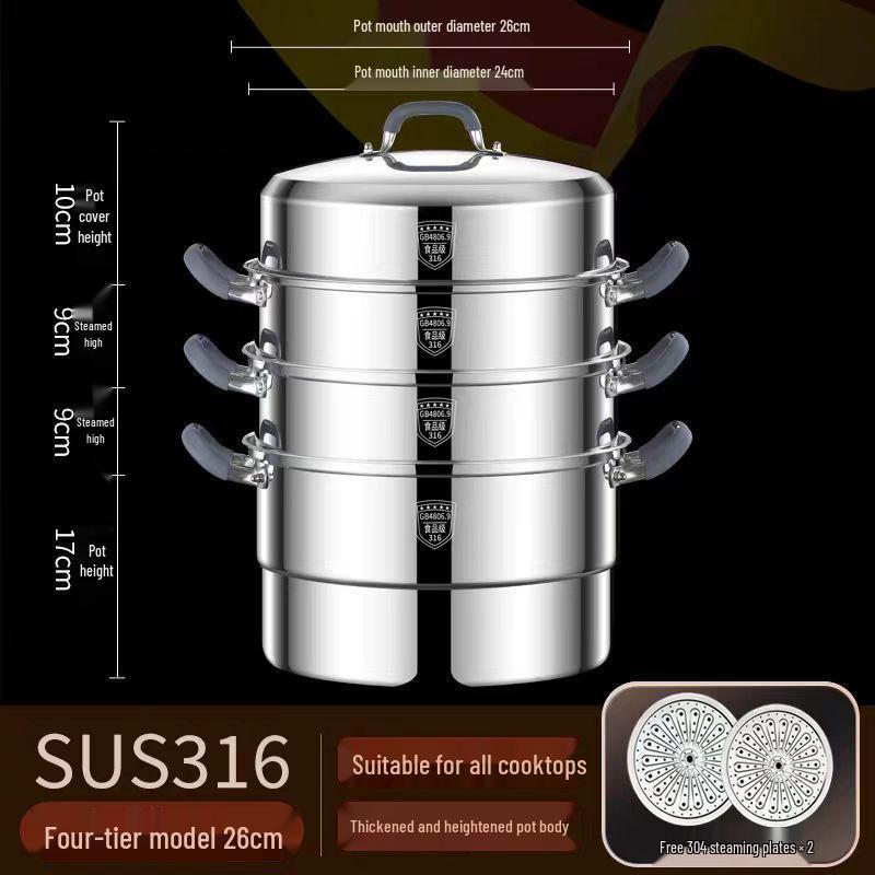 316 Stainless Steel Steamer Pot with Silicone Handle - Large Capacity Multi-layer Stew Basket
