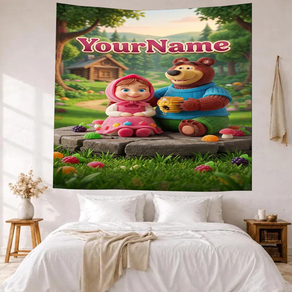 Masha Bear Custom Your Name Wall Decor Tapestry Art For Pet Memorial Birthdaywedding Party Backdrop Family Gift