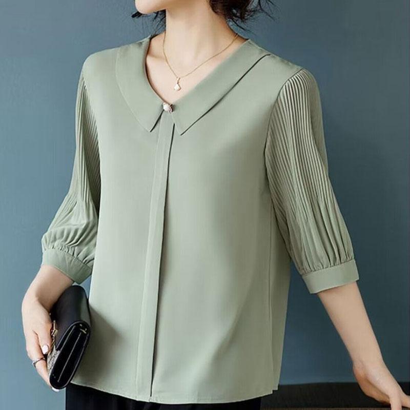 Dámská košile s polovičním rukávem do kanceláře Stylové sklady Letní Jednobarevná Límec s klopami Korejské dámské oblečení Univerzální Volná halenka