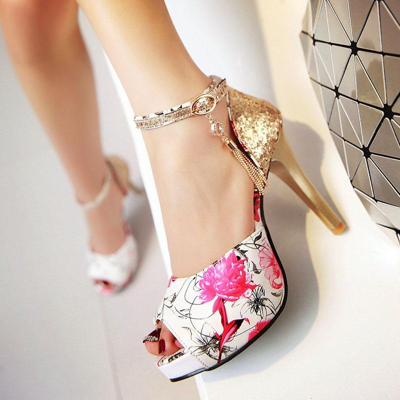 Women Summer Flower Print Shoes Fish Mouth High Heel Ladys Platform Sandals Evening Dress Wedding Shoes Femal Zapatos De Mujer