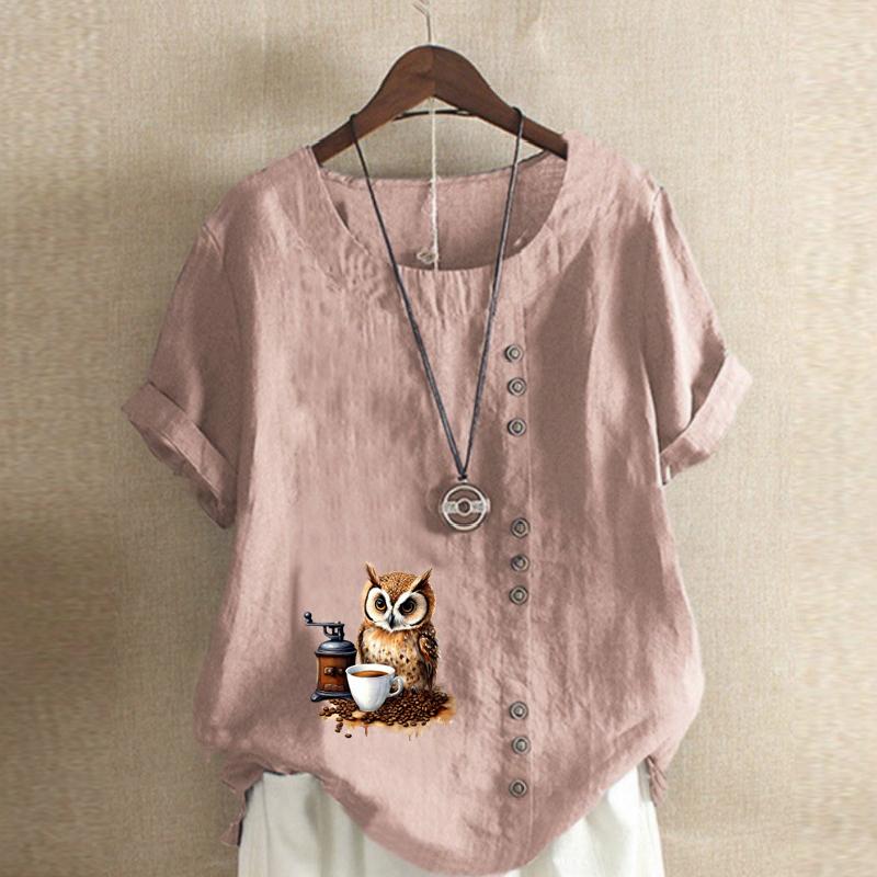 Women's Fashion Owl Prined Short Sleeve T-shirt Loose Cotton Shirt Casual Loose Summer Blouse Tops Plus Size