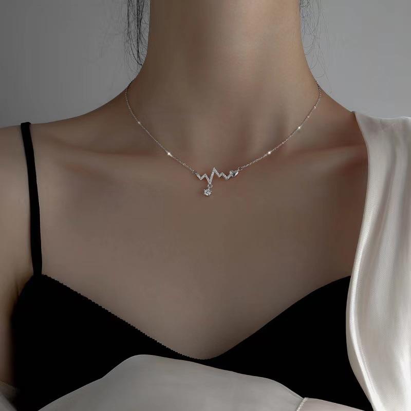 925 Sterling Silver Diamond-Studded Heartbeat Necklace for Women Autumn/Winter Versatile Luxury-Chic ECG Collarbone Chain 925 silver