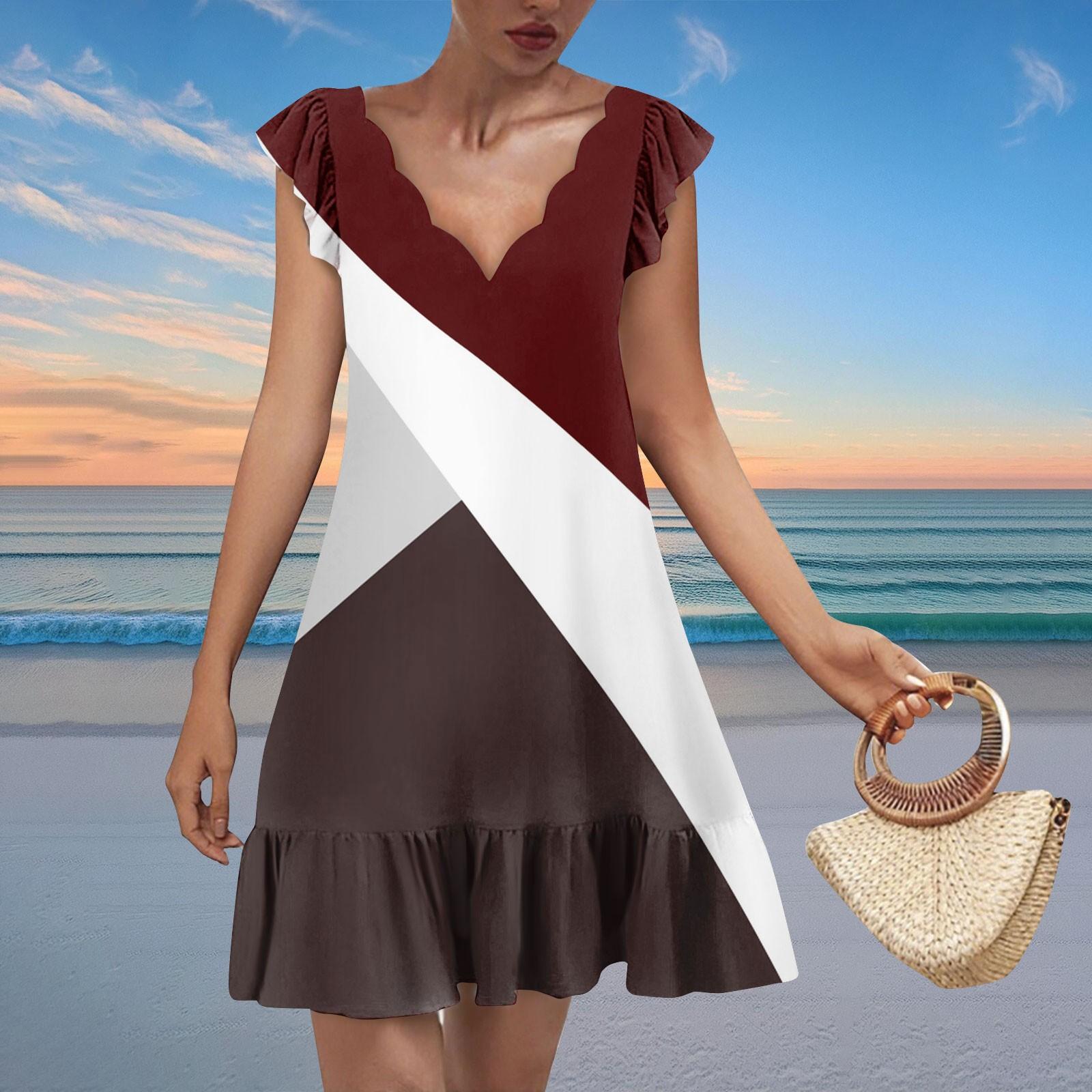 

Женское модное повседневное платье с V-образным вырезом, волнистым краем и принтом, с коротким рукавом S винный