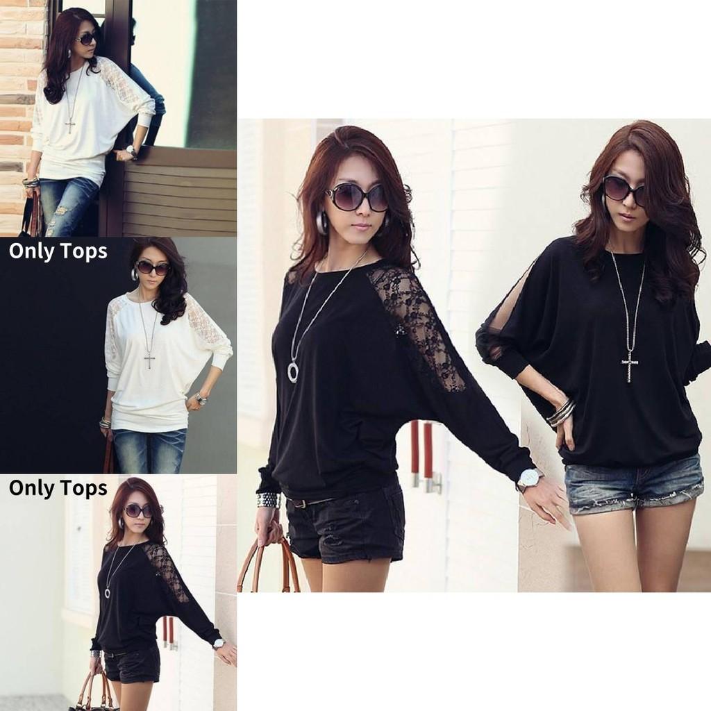 Stylish Black And White Lace Batwing Sleeve T-shirt For Plus Size Women In Trendy Commute Style