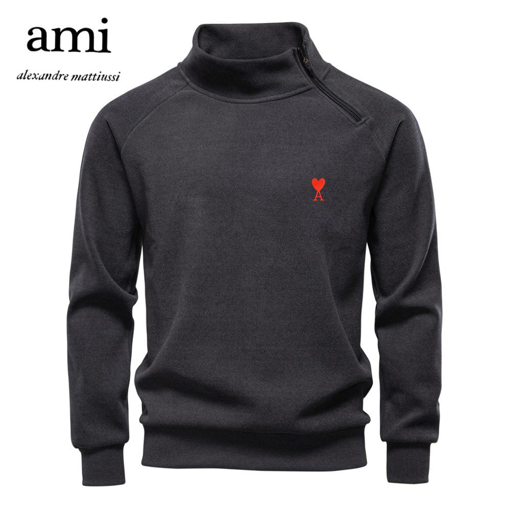 

AMI 2025 Осень/Зима Вышивка Внешняя Косая Молния и Бархатный Плотный Худи Воротник-стойка Модное Мужское Пальто XXL