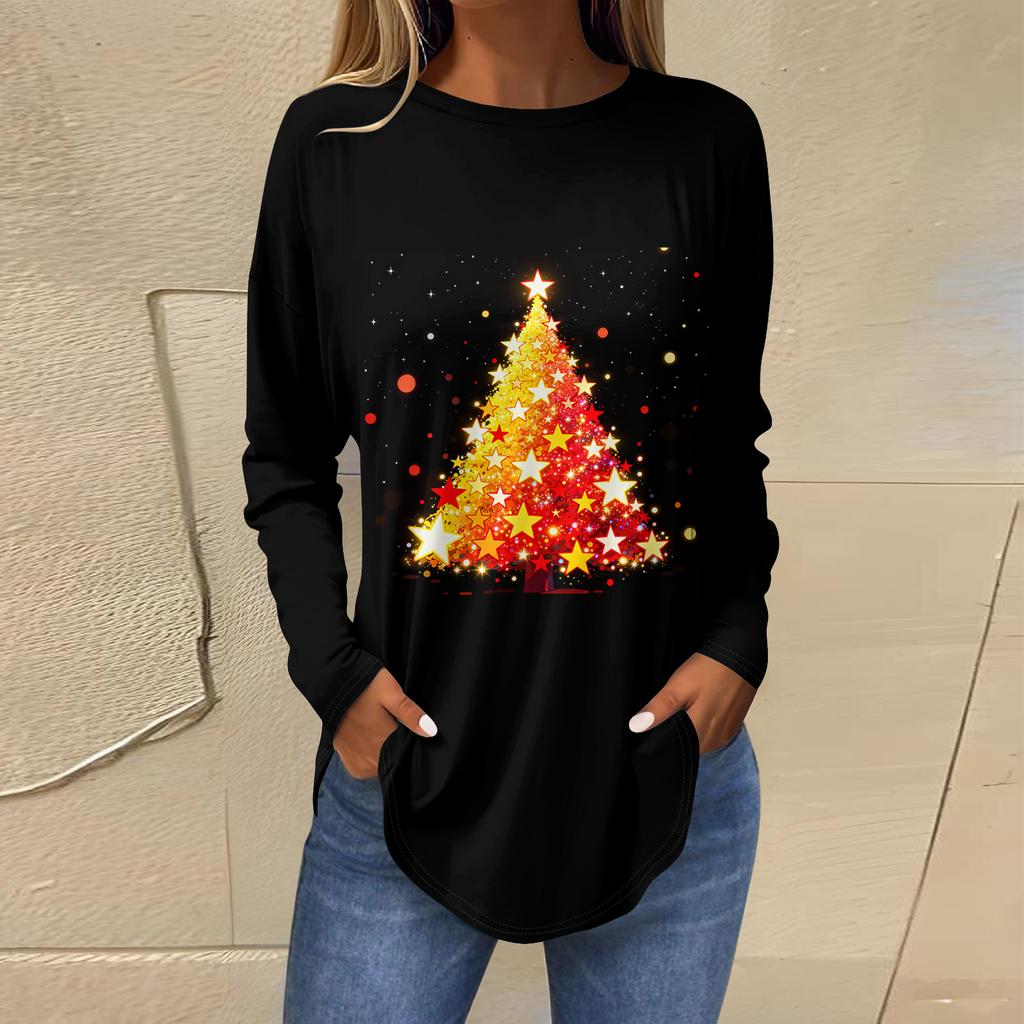 Dames Losse Comfortabele Casual Mode V-Hals Kerstprint Lange Mouw Hoodie